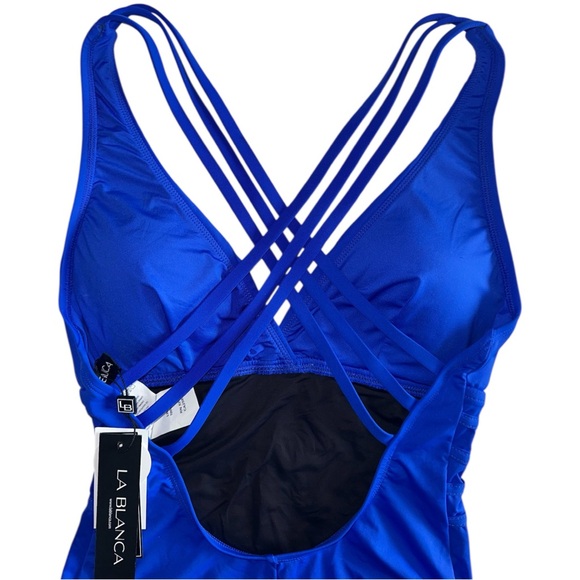 NWT La Blanca Blue Tummy Control Island Goddess Cross-Back One Piece Swimsuit - Picture 6 of 12